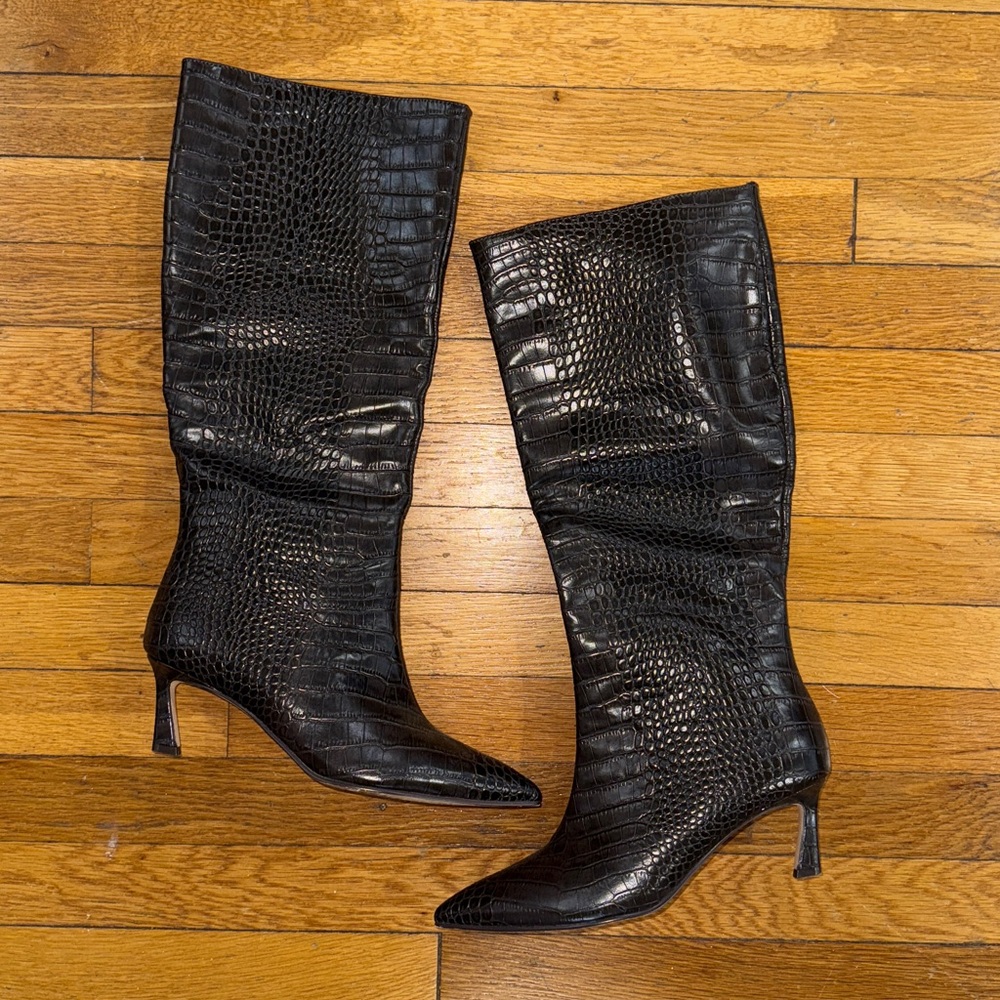 Steve Madden- Dark Brown Vegan Leather Croco Under the Knee Boots